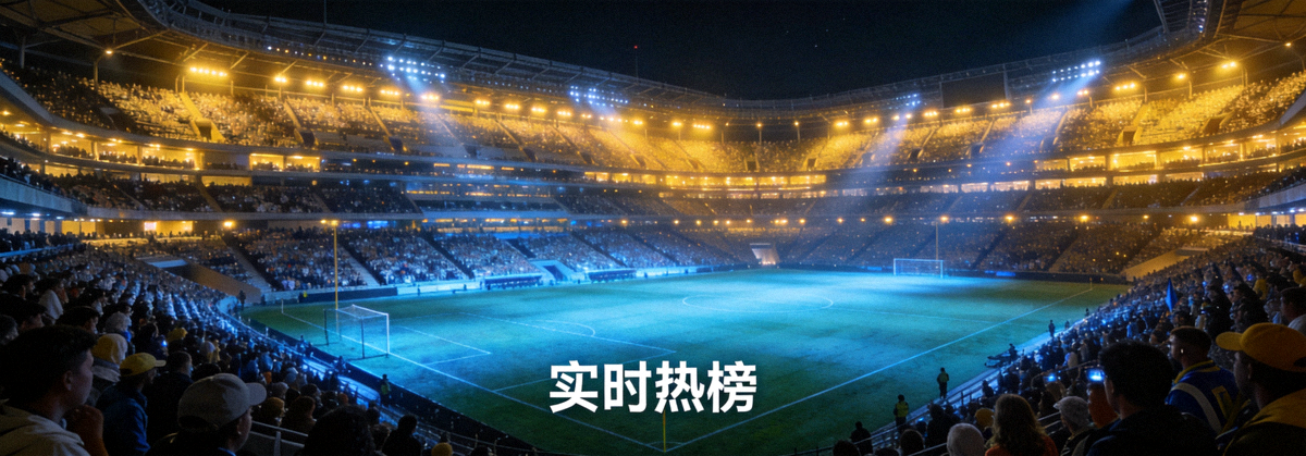 大型体育场夜间灯光下观众席与比赛草坪全景图用于实时热榜视觉展示